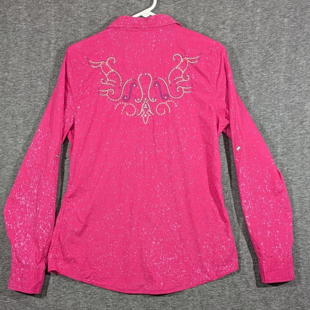 Cowgirl Legend Pink Acid Wash Western Rhinestone Snap Embroidery Size Large - Picture 2 of 9